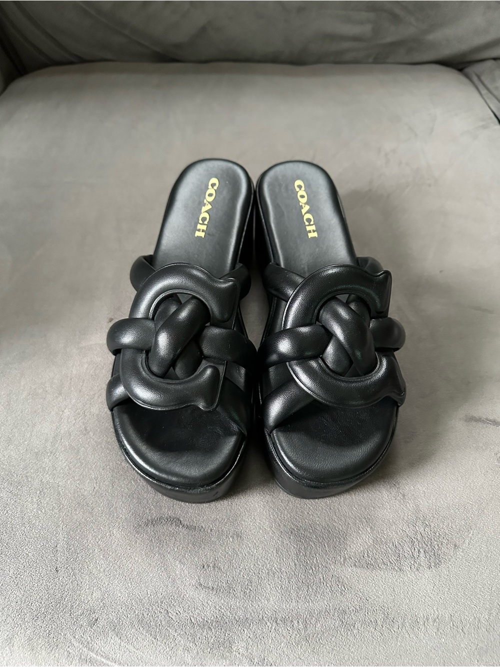 COACH Black Knotted Leather Slide Mules